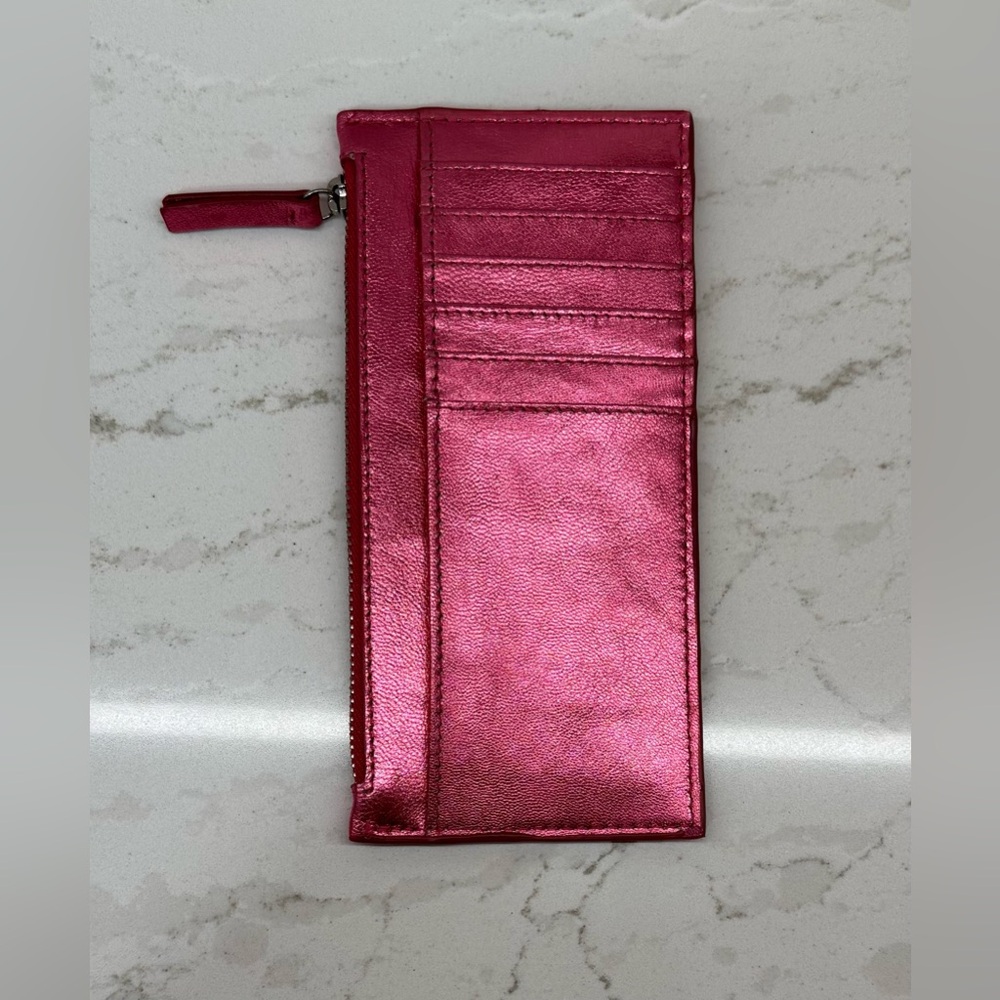 💝 Vince Camuto Pink Metallic Leather Zip Wallet Card Holder - Picture 2 of 8